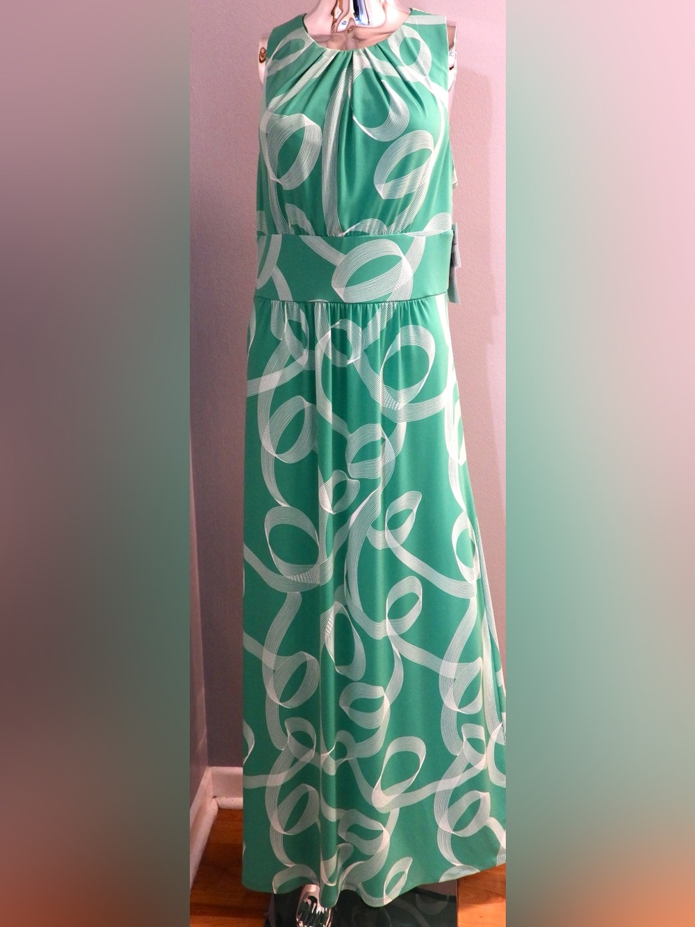London Times Green Maxi Dress with White Swirl Print 14